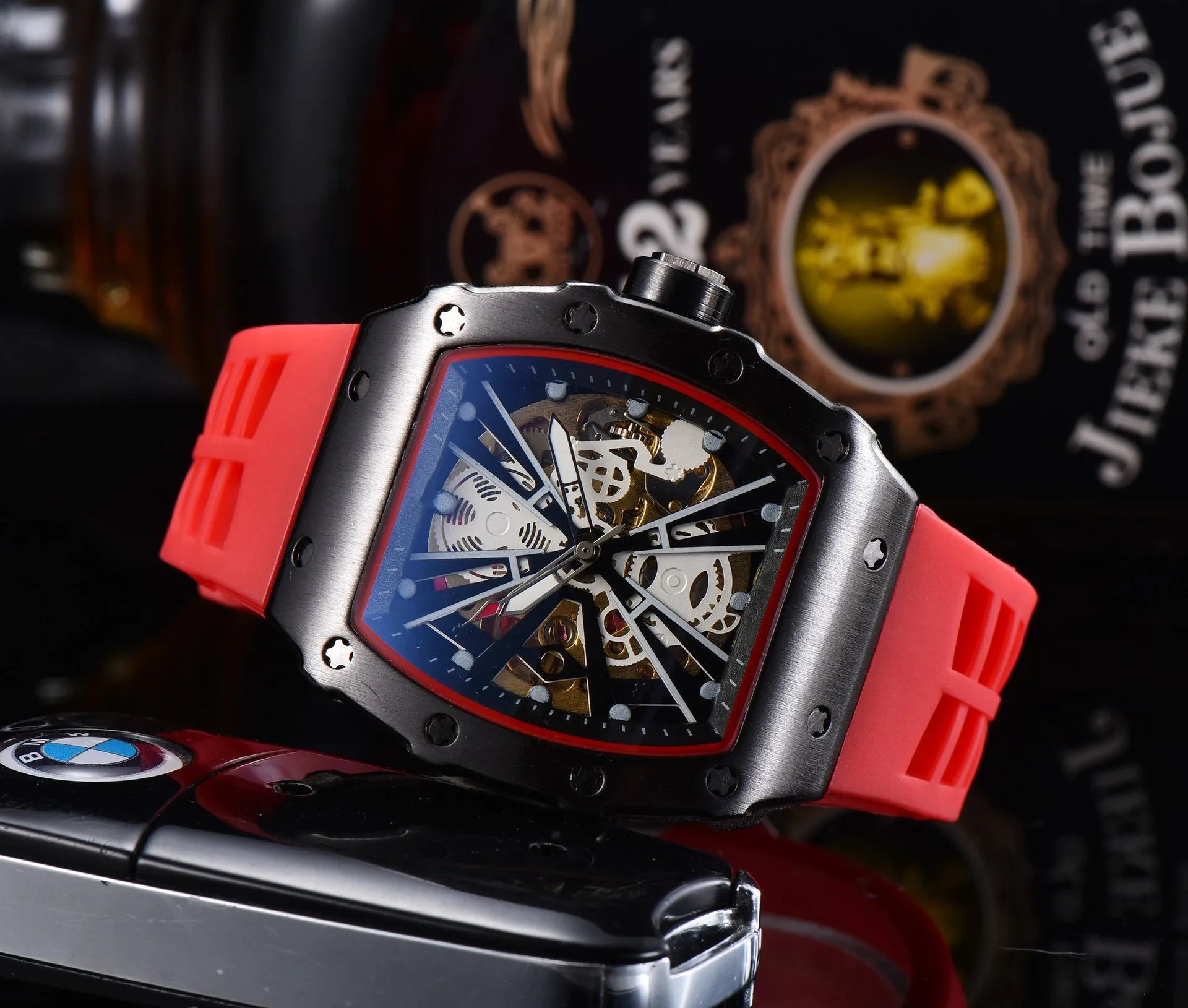 

Men's foreign trade model simple three-needle hollow barrel type silicone belt automatic mechanical watch gift tide