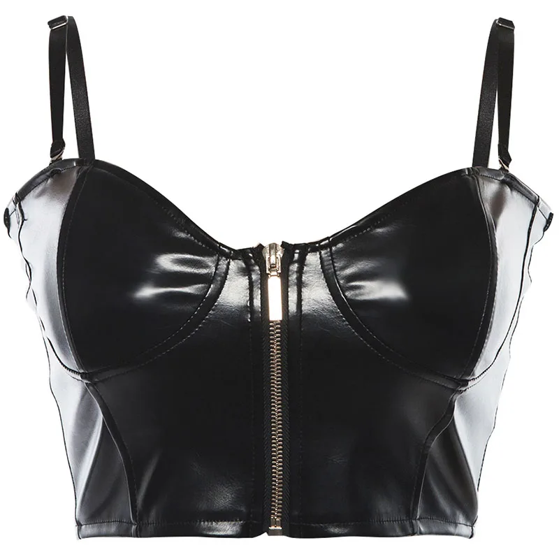 

Female Cropped Bralette Bustier Tops Spaghetti Strap Black Pu Leather Crop Top Women Zipper Backless Bandage Sexy Tank Top