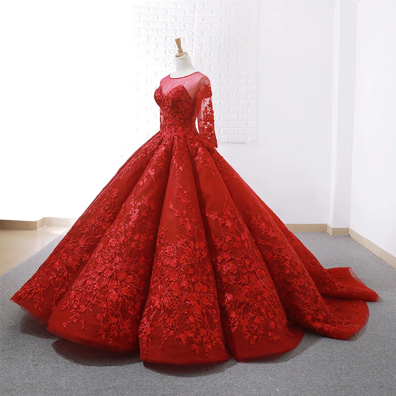 

Dubai Honey Sexy Red Luxury Bridal Appliques pointed long arm Quiet Custom Mad ball gown for Maggie