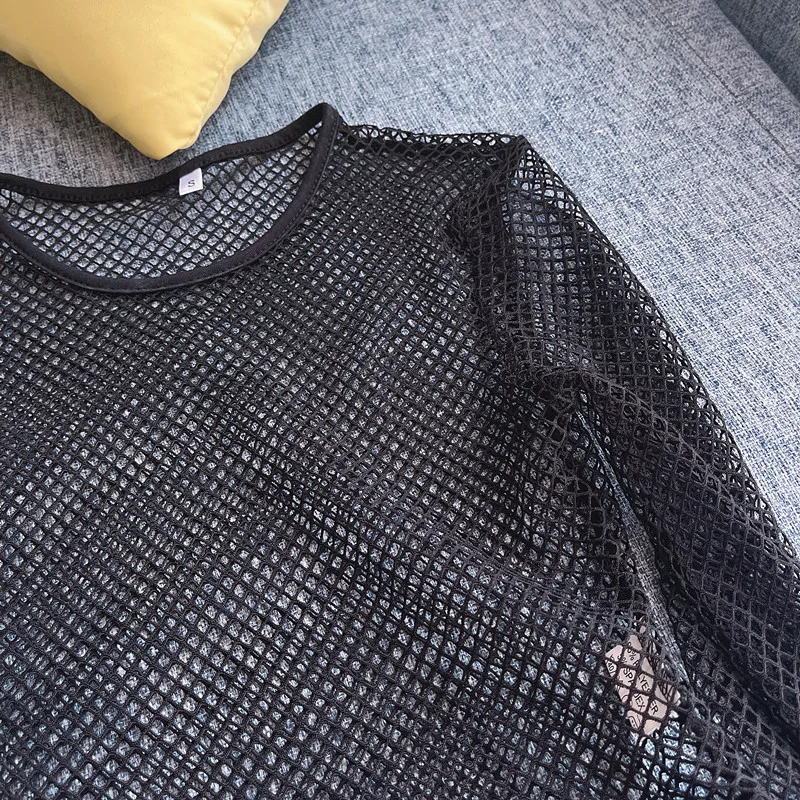 

Long Sleeve Women's T-Shirt Sexy Crop Top Summer Net Yarn Hollow Out Dance Shirt External Wear Short Coat Navel 2021 Trend