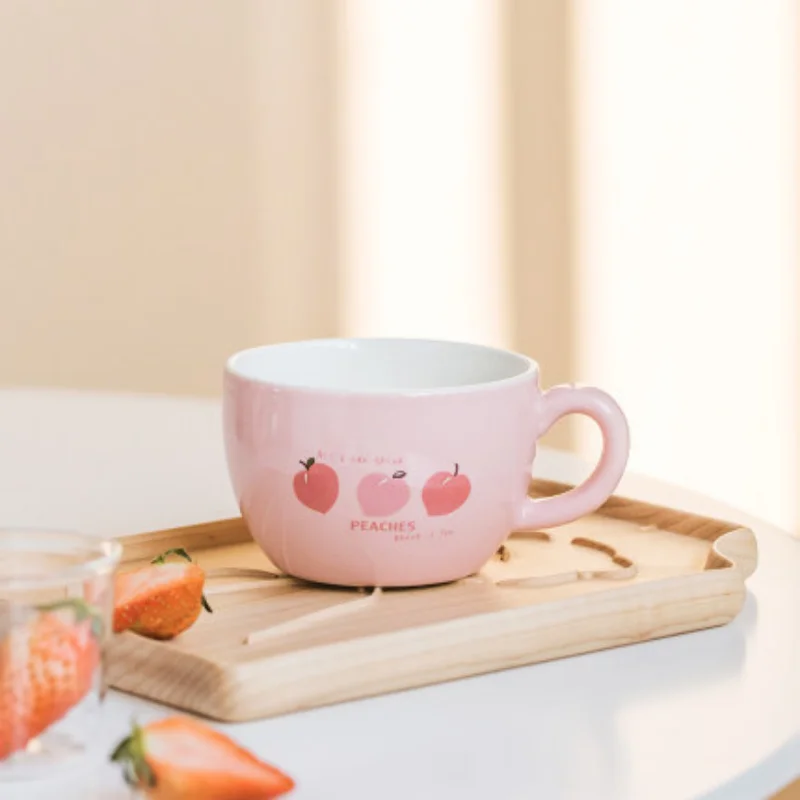 

Custom Mug 340ml Japanese Style Peach Ceramic Oatmeal Milk Cup Girl Breakfast Oatmeal Cup Pink Mini Three-dimensional Interior