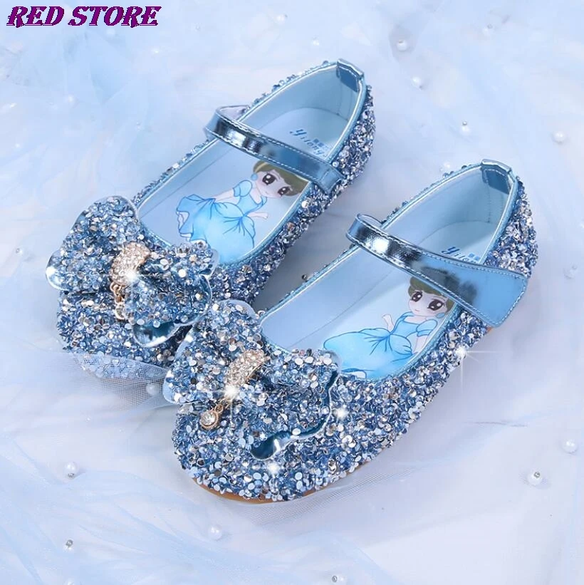 

Princess Kids Leather Shoes For Girls Casual Glitter Shoes Children Dance Shoes Butterfly Knot Blue Pink Silver Performance Shoe