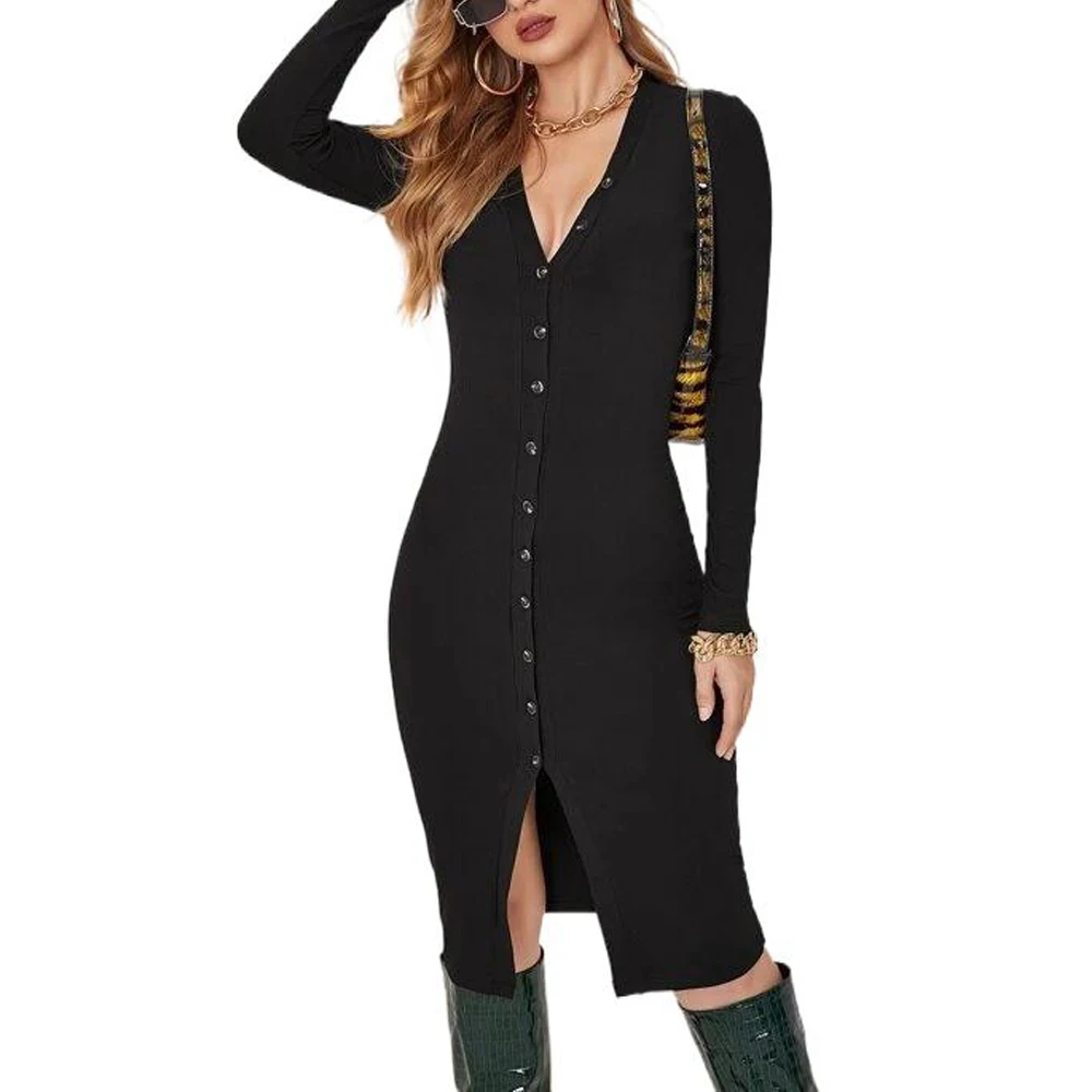 

Sexy Women Dress Knee-Length Slim Dress For Women Long Sleeve V-neck Autumn Winter Solid Casual Basic Buttons Black Bodycon