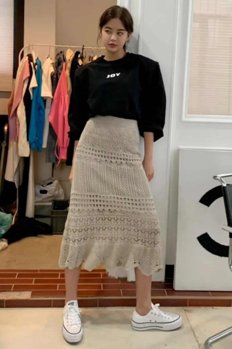 

Korean temperament high waist show thin, medium length lace wrap hip leaf fishtail skirt woman