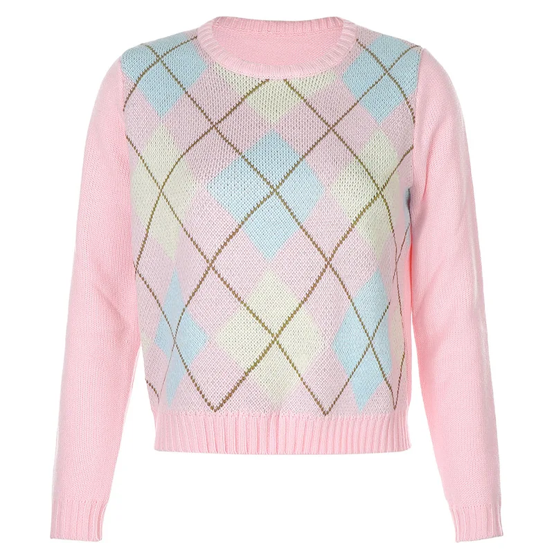 

Fanco 2020 Fashion New Women Casual Autumn Girly Pink Sweater Argyle Pullover Female Knitted O-Neck Long Sleeve Loose Streewear