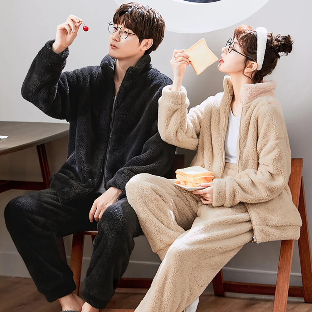 Winter Couple Pajamas Men Pajama Sets Double Sides Flannel Thick Warm Pijama Fashion Embroidery Sleep Tops Antistatic Loungewear