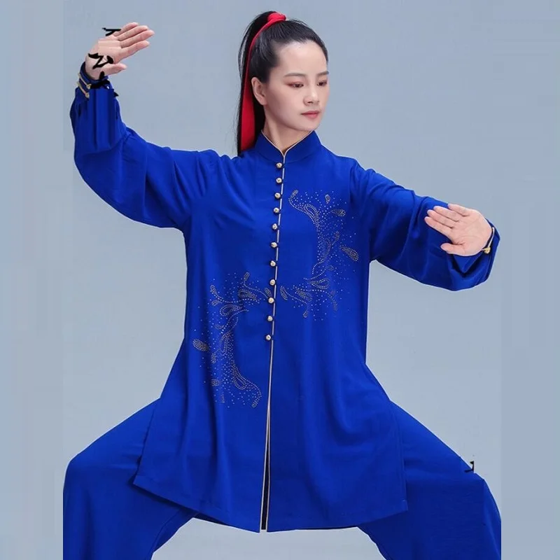 Синий Для мужчин женщин кунг фу Униформа Стиль Тай чи равномерное ушу боевые