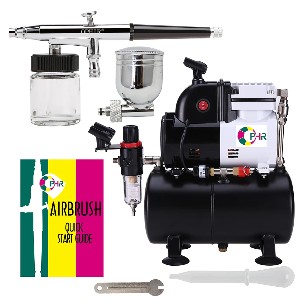 OPHIR Single Cylinder Piston Compressor with Air Tank & Extra Cooling Fan 0.3mm Airbrush Kit for Cake Decoration Paint AC116+005