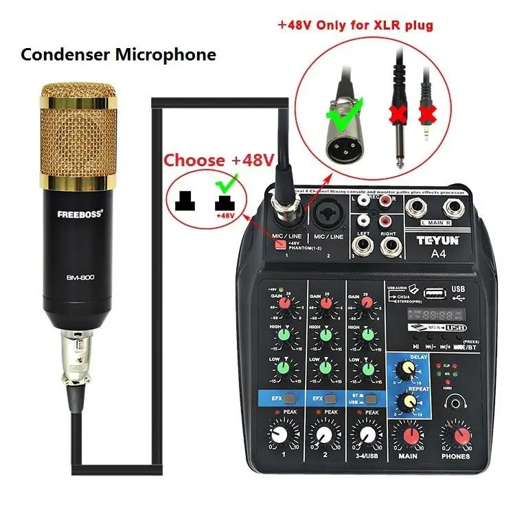 Звуковая микшерная консоль A4 с Bluetooth и USB записью воспроизведение компьютера 48 В