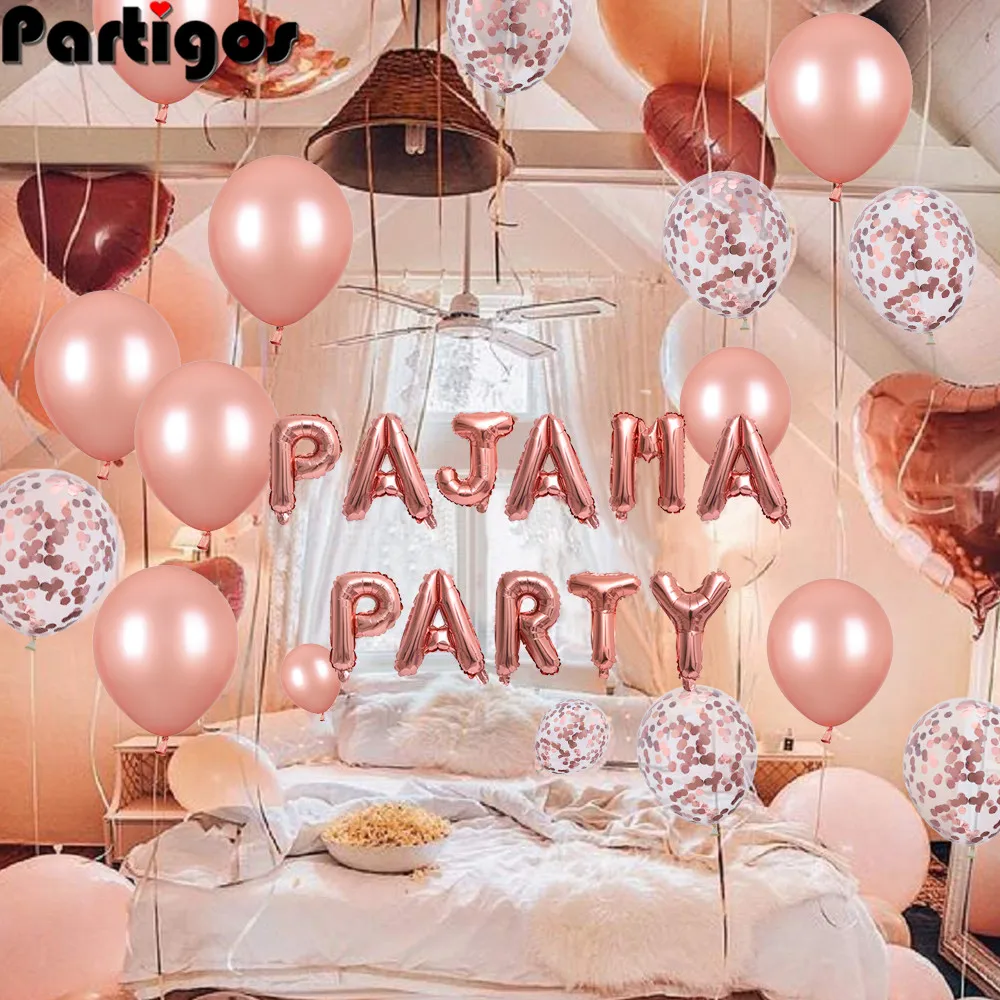 1set Rose Gold Pajama Party Balloons 12 inch Confetti Latex Balloons Pajama Party Banner Decoration Slumber Spa Party Supplies