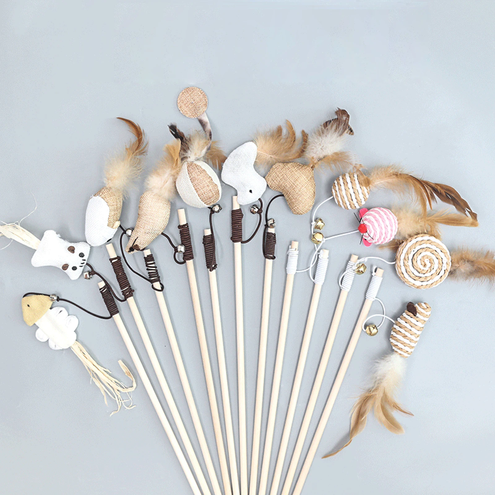 

40cm Pet Cat Teaser Toys Feather Linen Wand Cat Catcher Teaser Stick Cat Interactive Toys Wood Rod Mouse Toy With Mini Bell
