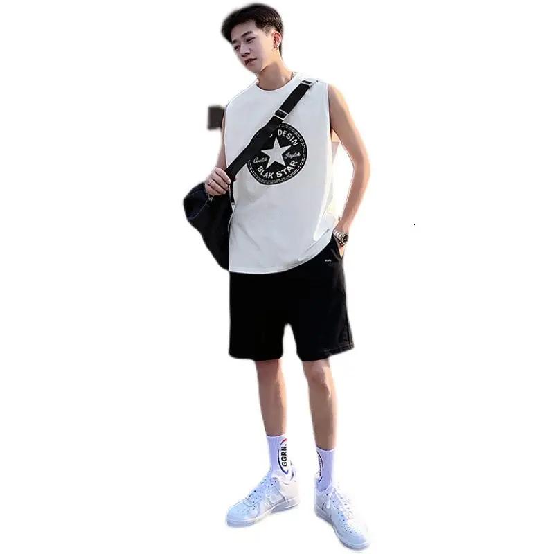 

Sleeveless Vest Men's Rest Printed Star Bottoming Shirt Mid-length All-match T-shirt Summer Male Clothes Round Neck Loose Tops