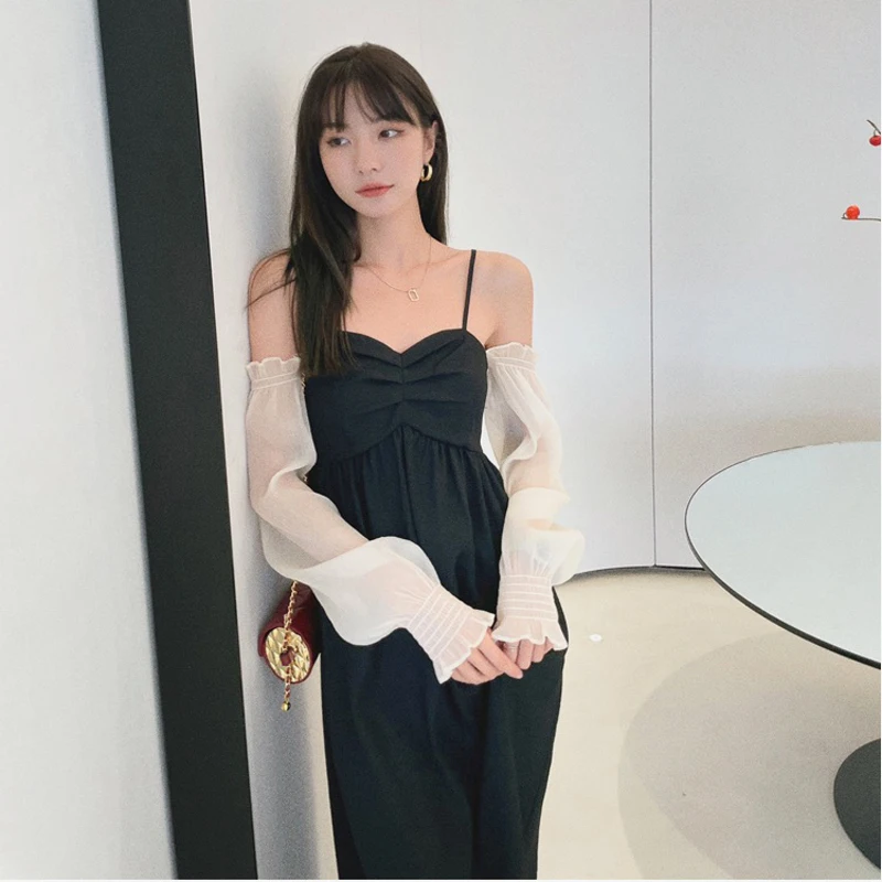 

2021 autumn new fashion all-match sweet fairy off-shoulder long-sleeved suspender dress female high-waist mid-length skirt