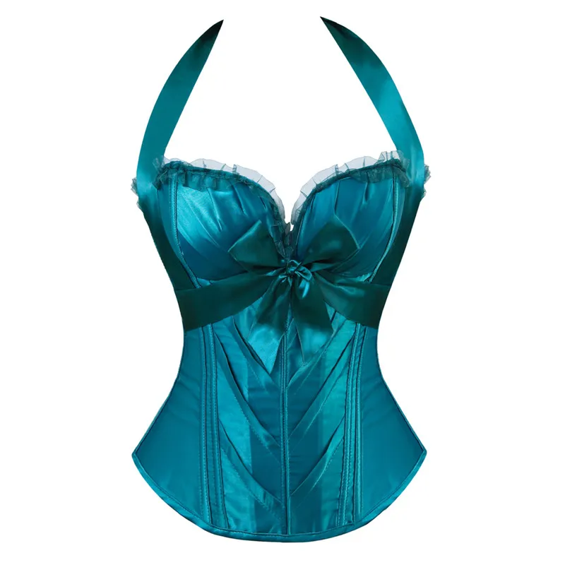 

Plus Size S-2XL Sexy Lace up Satin Corset With Cup Lingerie Zipper Side Overbust Corsets and Bustiers Party Bow Halter Corset