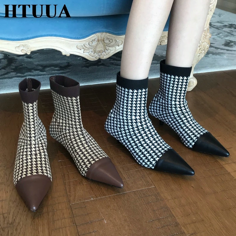 HTUUA/растягивающиеся вязаные сапоги носки женские низкие ботильоны с острым