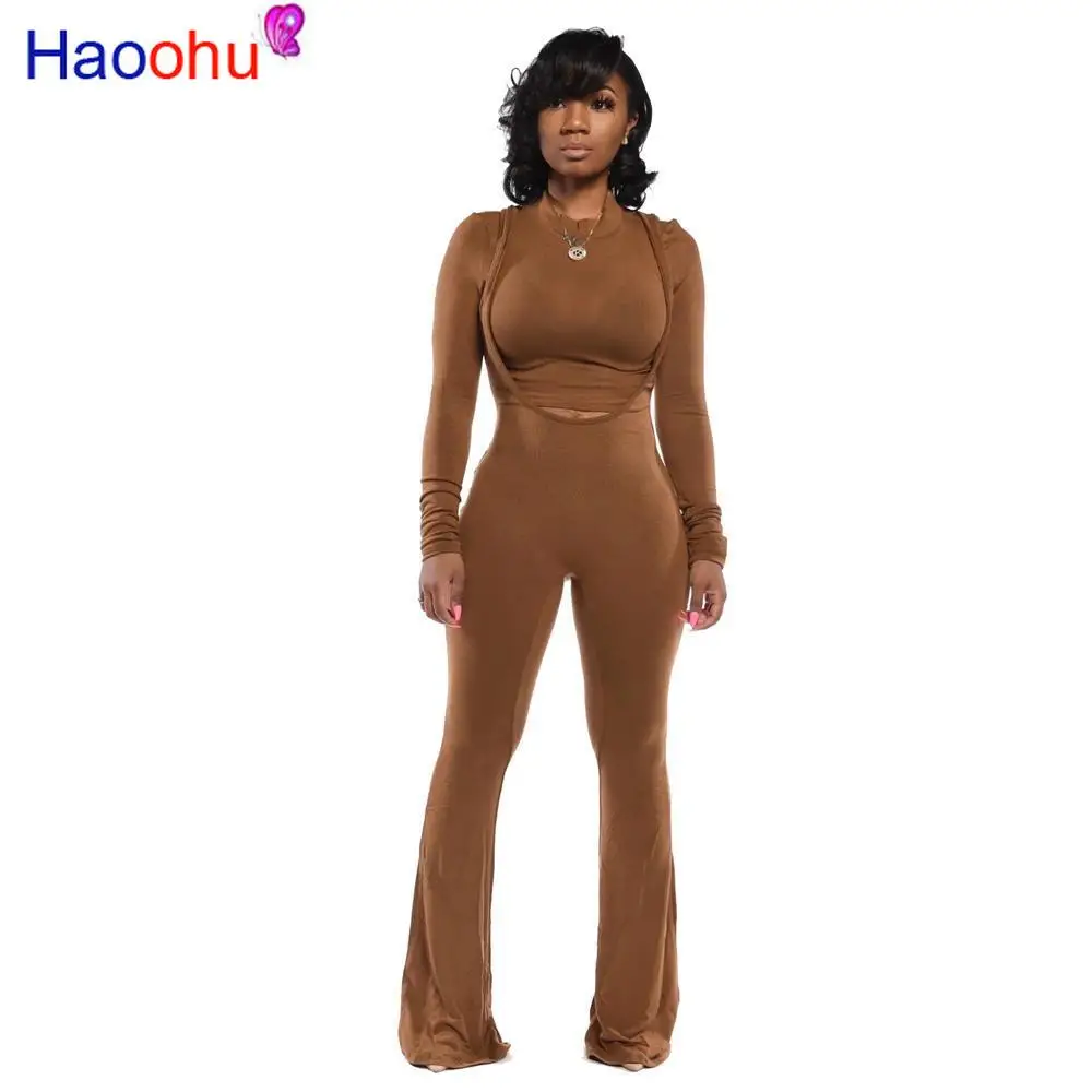 

Fall Winter Solid 2 Piece Set Women High Neck Full Sleeve Crop Top and Spaghetti Strap Bell Bottom Overalls Ladies Tracksuits