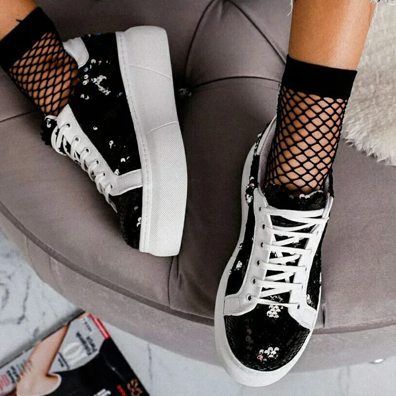 

Women Sneakers Bling High Flats Heel Thick Sole Height Increasing Chunky Platform Vulcanized Ladies Loafers Zapatos Mujer 2499W