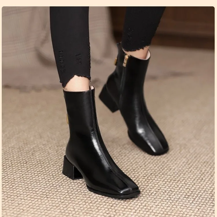 

2022 Round Toe Autumn Winter Ankle Boots Cow Leather Zipper Fashion Women Shoes Square Heel Motorcycle Boots Size 34-40