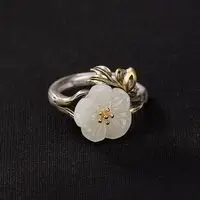 

Hetian Jade Ring Women's S925 Sterling Silver Retro Fashion Elegance Ethnic Style White Jade Offset Spanner Silver Ring