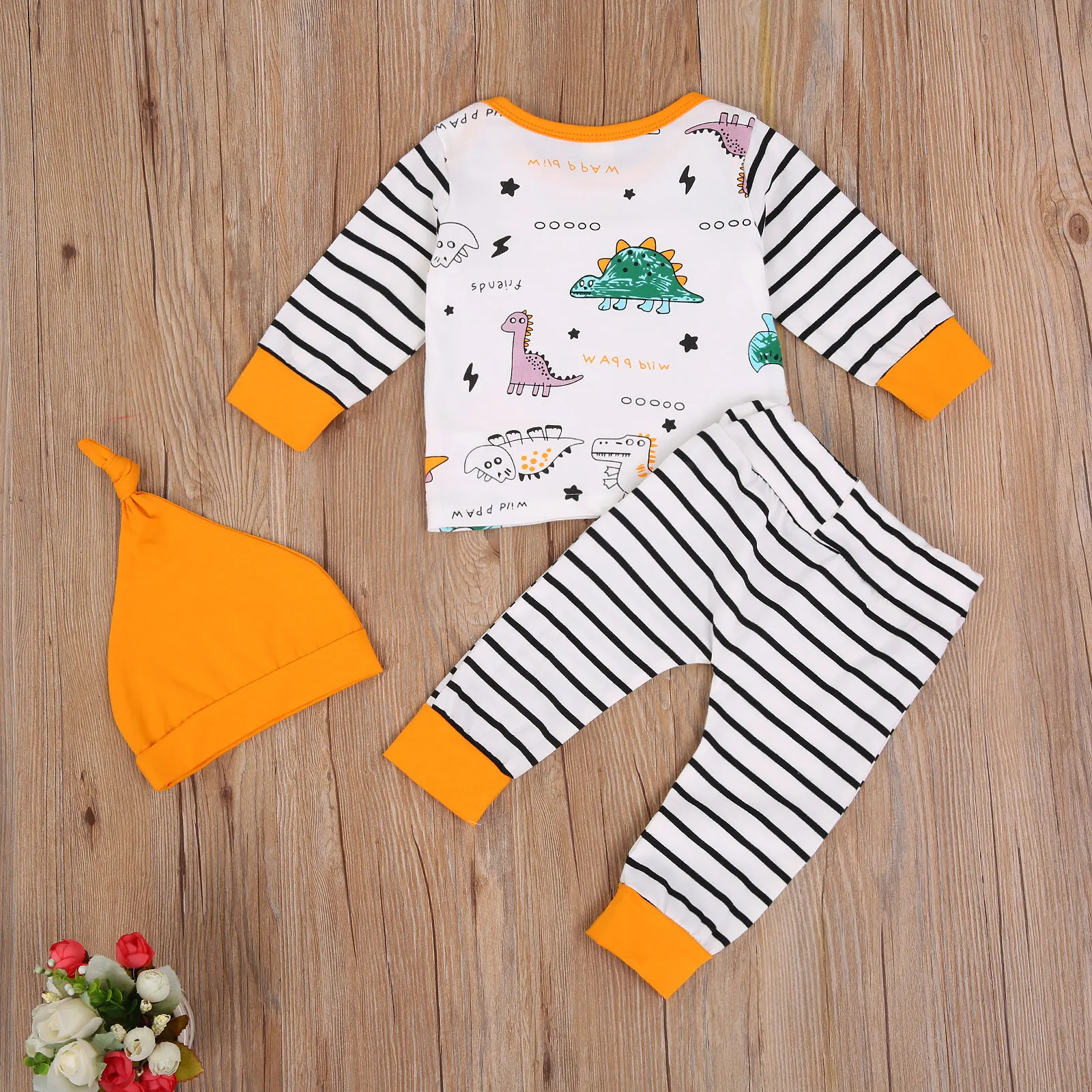 

Newborn Baby Boys 3pcs Set Cartoon Dinosaur Print Long Sleeve Pullover Top Striped Long Pants Hat 0-24M