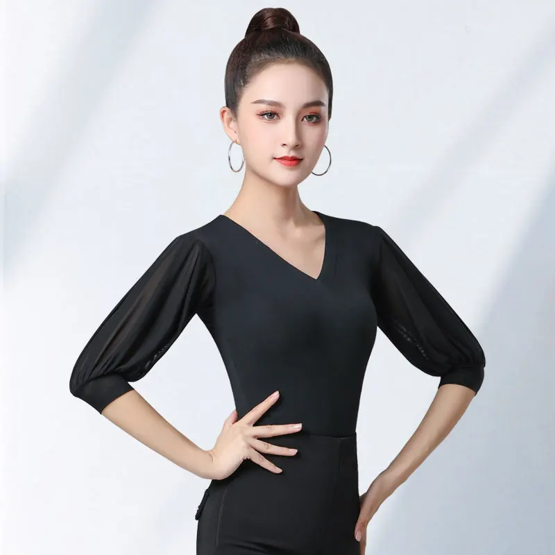

Doubl Modern Dance Top Summer Female Stretch Bamboo Fiber Bubble Sleeve Jitterba Dance Costume New Clothes Slim Girl Elastic