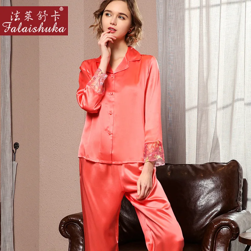 Sexy Silk Stain Pajamas 2020 Lace Print Full Sleeve Woman Spring Summer Marry Homewear 100% Silk  Sleepwear Sets  Home Wears XL