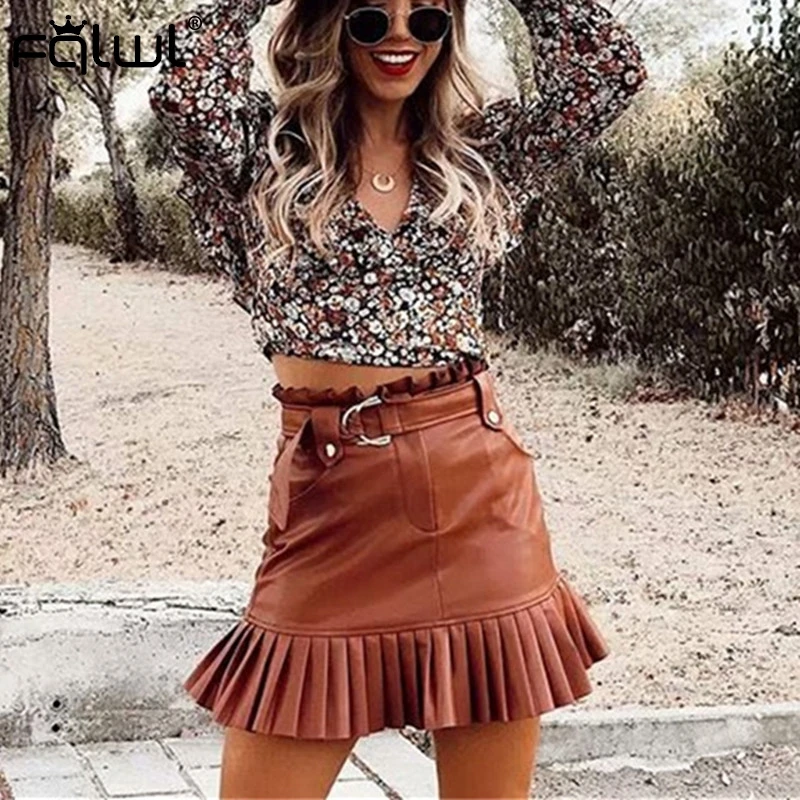 Женская мини юбка из искусственной кожи FQLWL черная короткая с высокой талией и