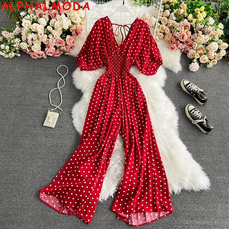 

ALPHALMODA 2021 New Fashion Polka Dot Slim Waist Short Sleeves Jumpsuit High Waist Wide Leg Women Holidays Casual Overall Outfit