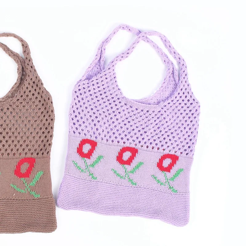 

2021 Female Summer Korean Chic Retro Hollow Jacquard Knitted Woven Shoulder Tote Knitted Woolen Apple Love Carrot Mesh Handbag