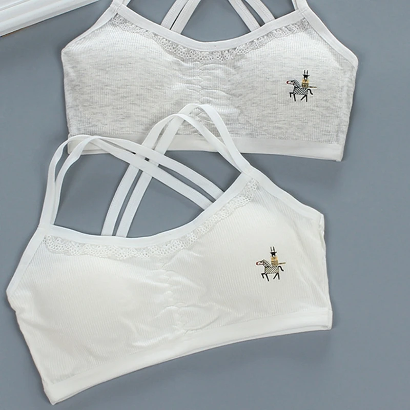 

67JF Teenage Young Girl Cross Strappy Traning Bra Underwear Cartoon Zebra Print Lace Trim Bralette Wireless Padded Crop Top