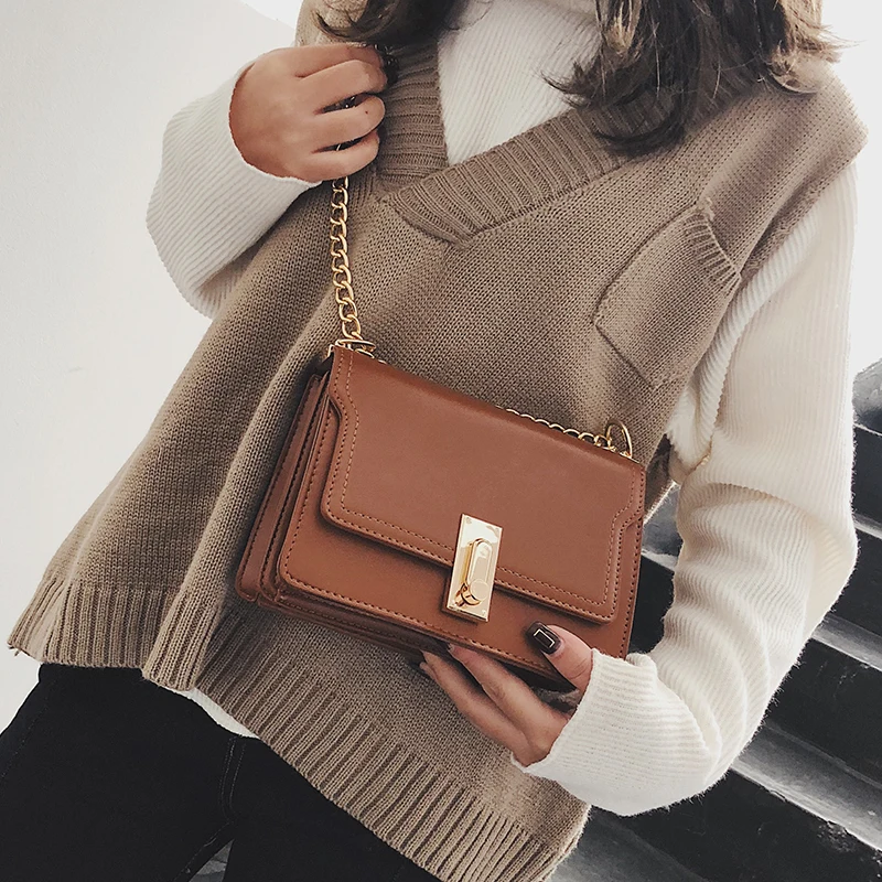 

New Hong Kong Style Casual Casual Simple Lock Buckle Joker Chain Single Shoulder Cross-Body Small Square Bag