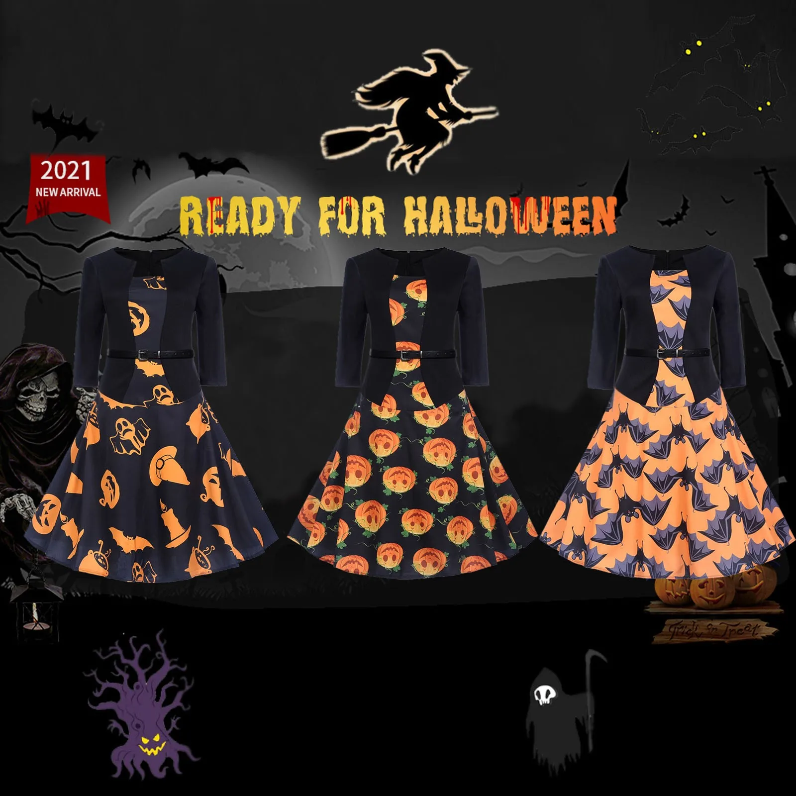 

Womens Dress Pumpkin HalloweenThree-quarter Sleeve Mid Length Princess Dresses Ladies Costume Festival Party Vintage with Belt