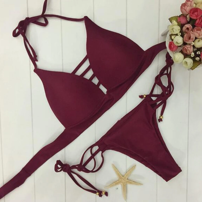 Itsroy New 4 color Women's Swimwear Double Strap bandage Bikini Set Solid design chest pad Two Pieces Sexy Women Bikini|bikini set|bikini