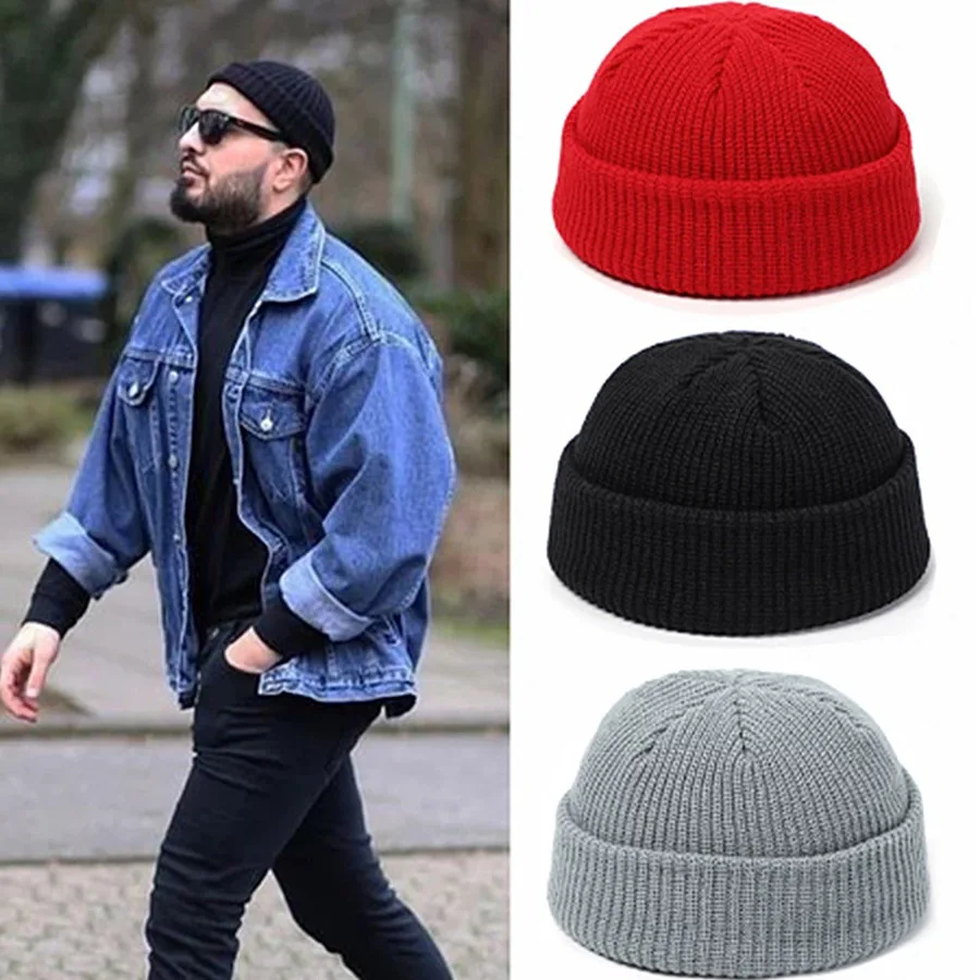 

Knitted Hats for Women Skullcap Men Beanie Hat Winter Retro Brimless Baggy Melon Cap Cuff Docker Fisherman Beanies Hats for Men