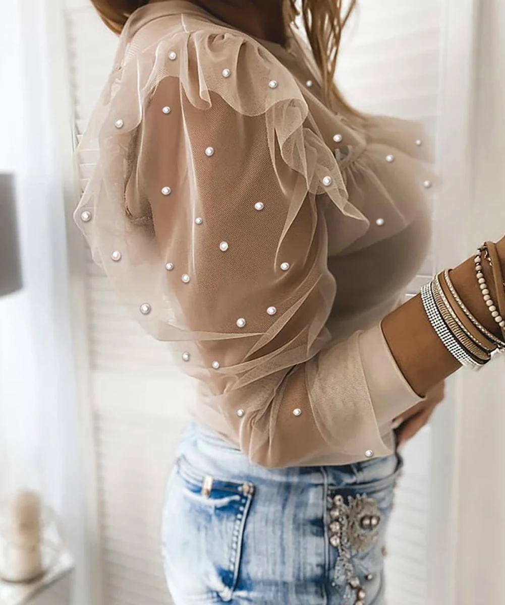 

VS&LLWQ Women See-through Blouse Adults Sexy Solid Color Lace Pearl Long Sleeve Round Neck Fashion Ruffle Mesh Top