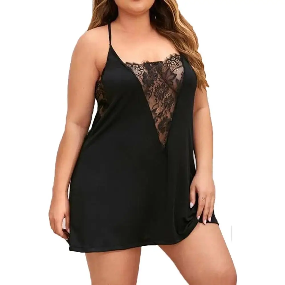 

Plus Size Women Nightdress Sexy Black V-Neck Lace Sleeveless Backless Sleepwear Lingerie Roupa Para Dormir 2020 New 3XL-5XL YE