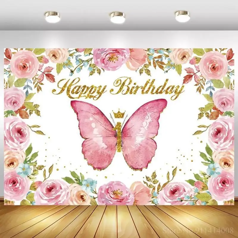 

Pink Purple Butterfly Baby Shower Birthday Background for Photo Spring Floral Butterfly Photo Backgrounds 1st Birthday Butterfly