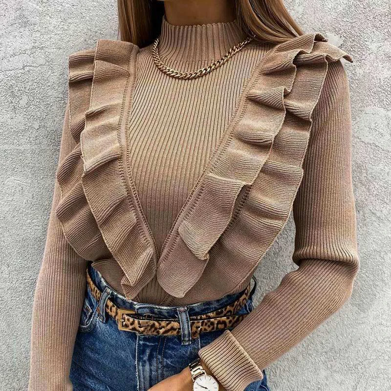 

Turtleneck Ruffles Women's Knitted Sweater Long Sleeve Solid Coffee Slim Elegant Office Lady Pullover 2021 Spring Fashion Top