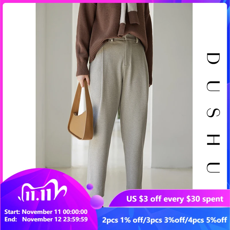 

DUSHU Wool Blend Plus Size Pants Capri Women Pleated Oversize Loose Casual Pants Autumn Winter Female Gray High Waist Trousers