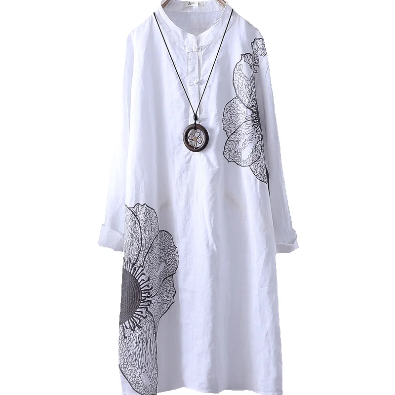 

Women White Cotton Shirt Long Sleeve Embroidery Blouse Stand Collar 2020 New Fashion Loose Long Top Office Lady Casual Wear