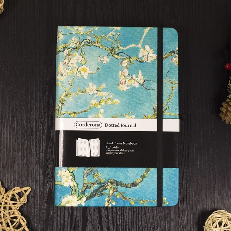 A5 Van Gogh Bullet Dotted Journal Lined Ruled Notepad Blossoming Almond Tree Elastic Band Hard Cover Notebook
