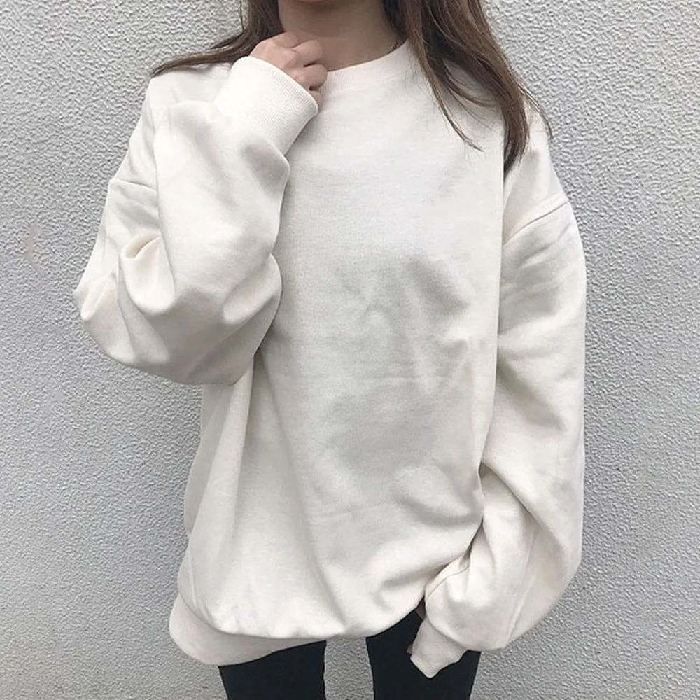 

Plain Ladies Fashion Women Clothes Long Sleeve Round Neck Hoodie White Simple Solid Oversize Sweatshirt Ladies Korea Fashion Top