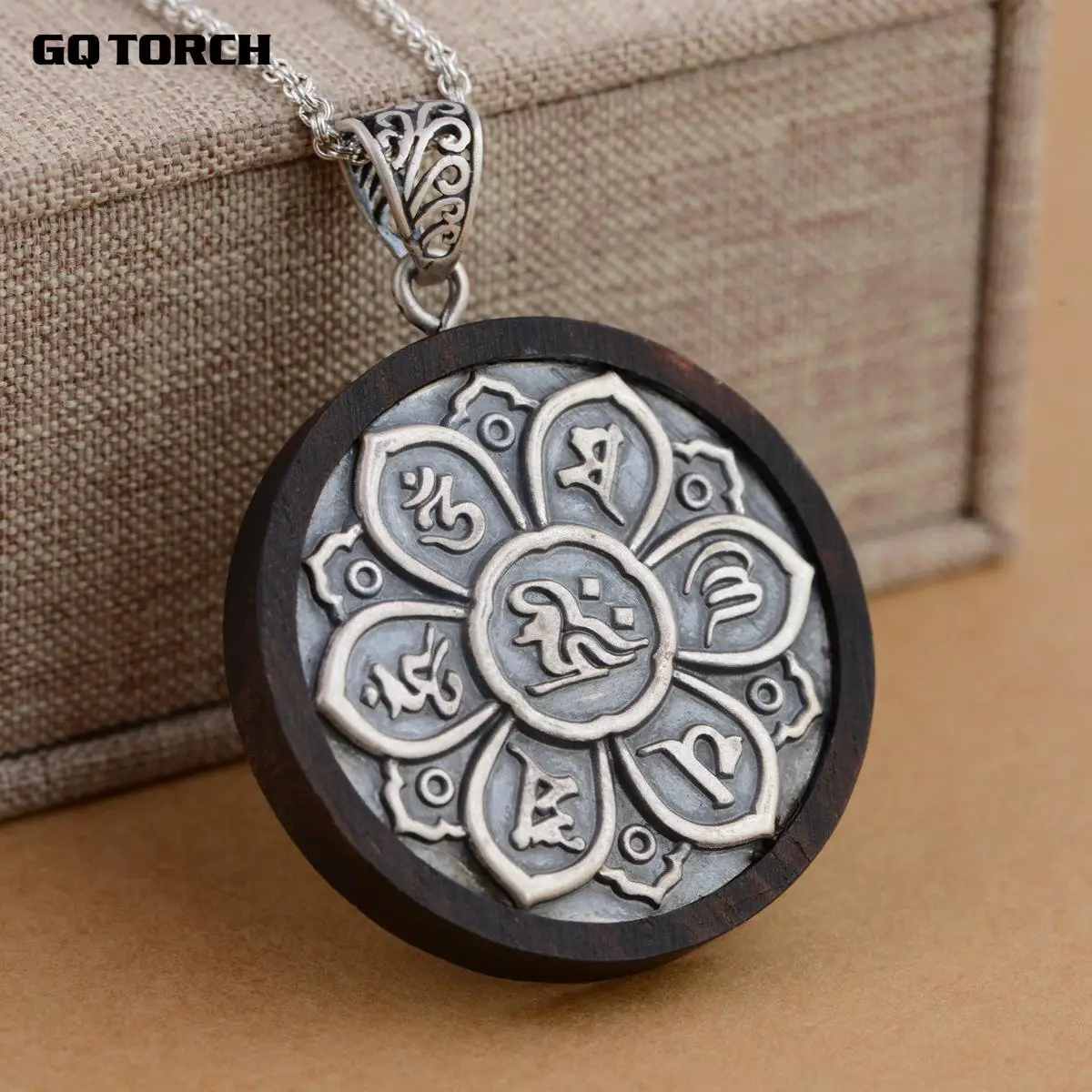 Настоящее 925 пробы серебро сандаловое дерево Подвеска мантра шесть слов резной