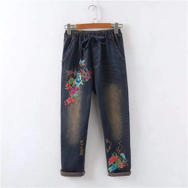 Джинсы с вышивкой и цветами повседневные джинсы высокой талией синие джинсовые