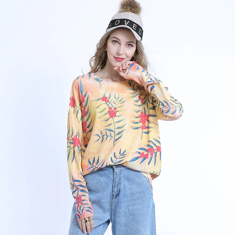 

Свитер Женский вязаный оверсайз, с цветочным принтом, Осень-зима