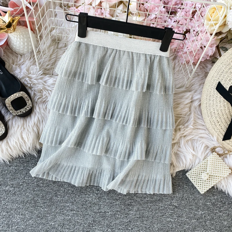 Летняя шикарная Ретро короткая юбка металлик Cakee многослойная плиссированная