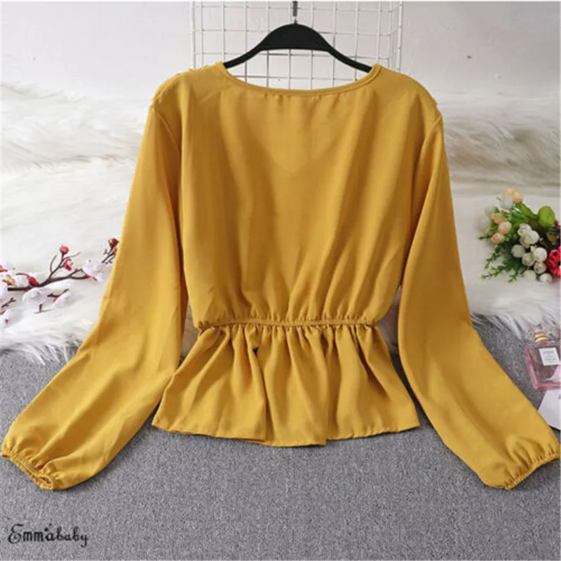 Женские блузки с длинным рукавом v образный вырез Офисная рубашка оборки