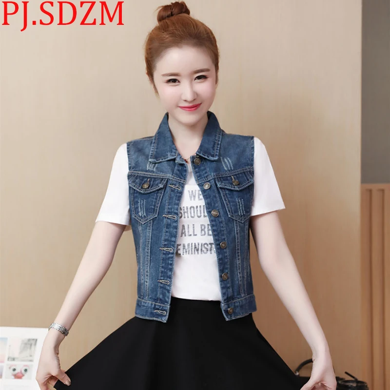 

PJ.SDZM 2018 Spring and Summer New Female Slim Pure Denim Vest Short Small Waistcoat Fashion All Match Sleeveless Jacket