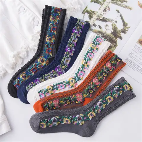 Осенне-зимние милые женские носки в японском стиле Харадзюку хлопковые носки с цветочным принтом для женщин новые винтажные забавные теплы...