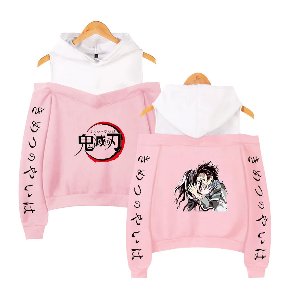 

Anime Demon Slayer Kimetsu No Yaiba Women Hoodies Sweatshirts Long Sleeve Sexy Off Shoulder Pullover Hooded Jacket Casual Tops